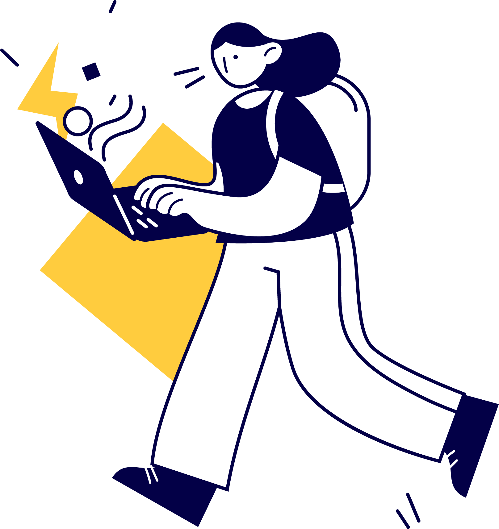 Person with backpack walking with computer